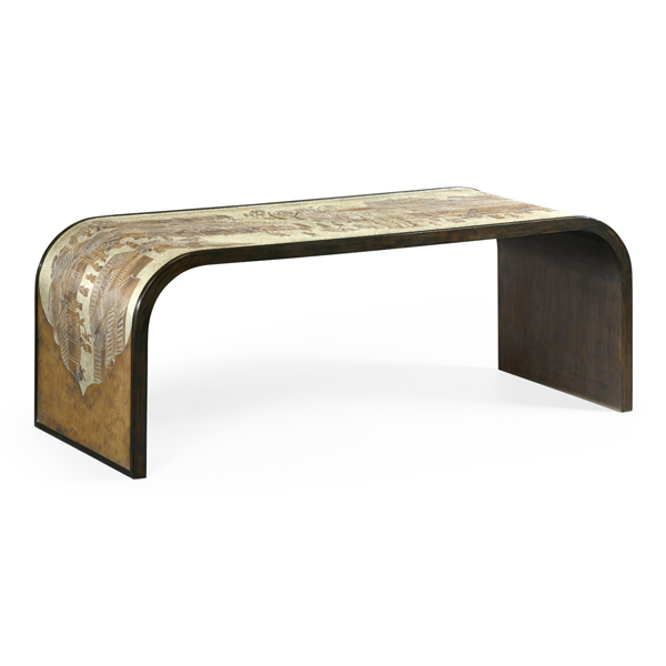 Кофейный стол Curved Chinoiserie Style Antique Etched Brass & Ebonised Oak
