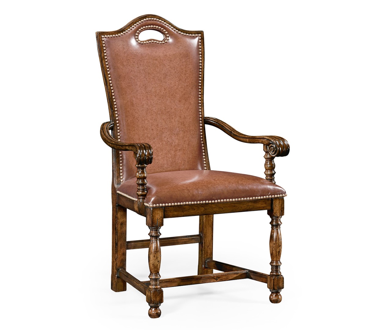 Обеденный стул Walnut dining armchair with medium antique chestnut leather