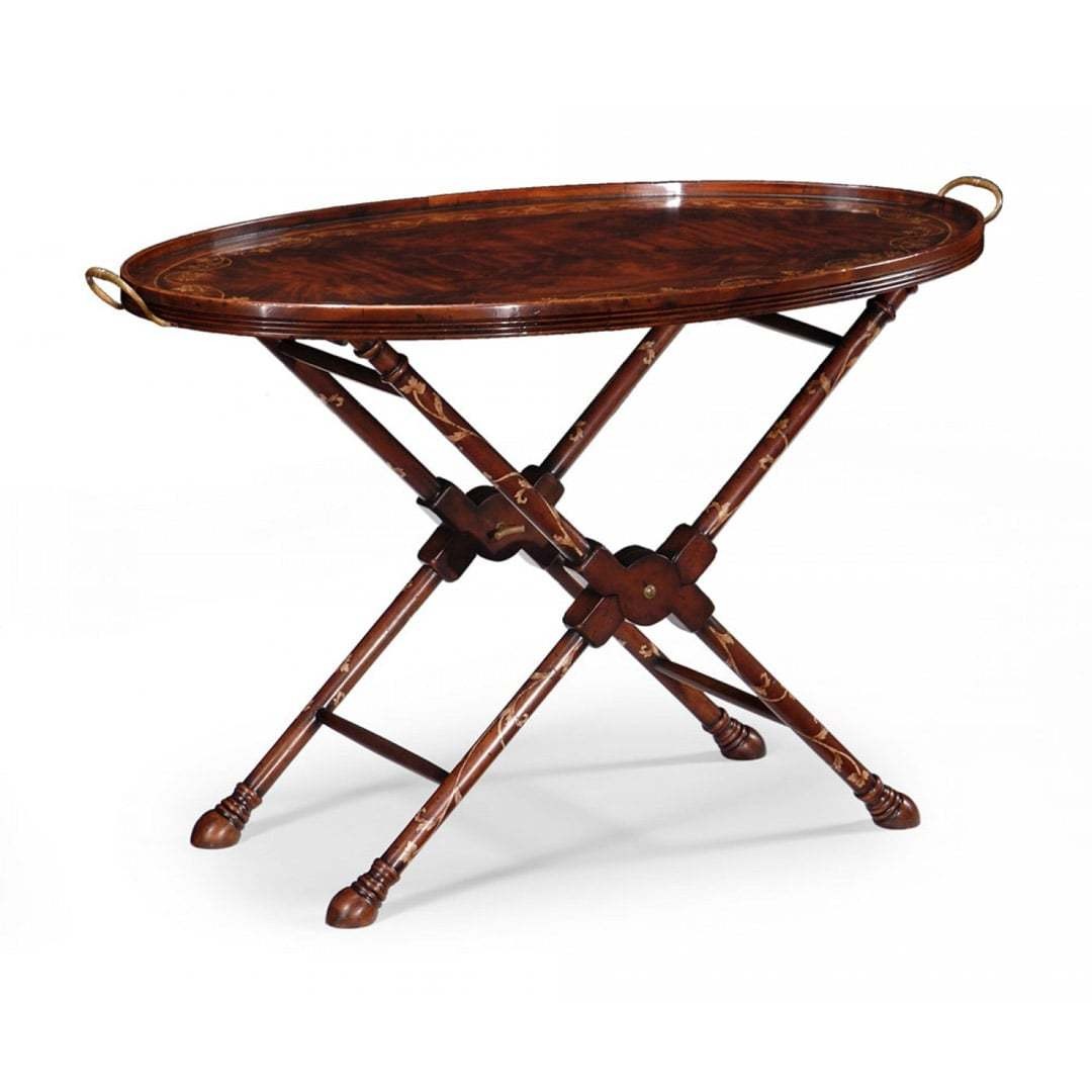 Oval Mahogany Tray on Stand with Floral Inlay